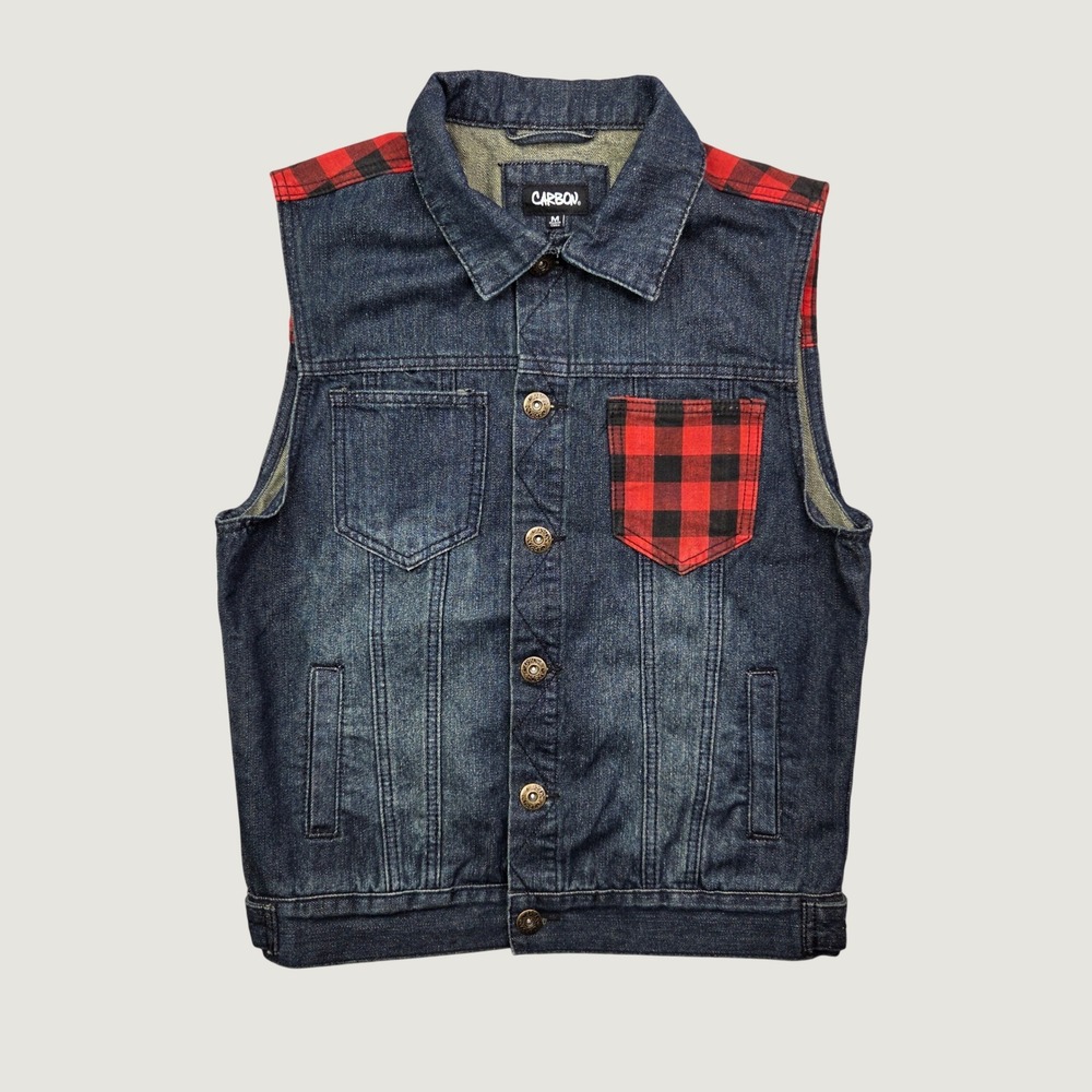 CARBON Denim Vest Men's M Red Black Plaid Y2K Western Grunge Trucker Sleeveless
